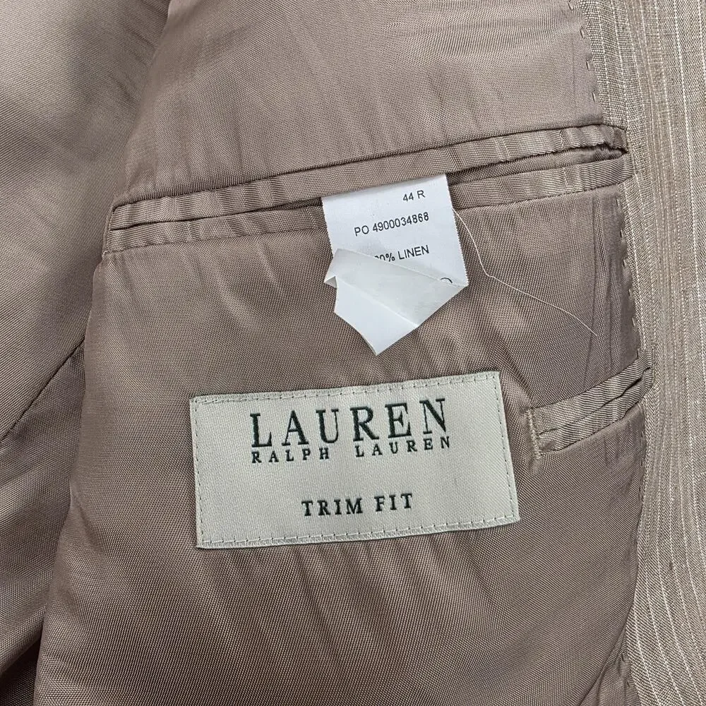 Lauren Ralph Lauren Blazer Mens 44R Beige Stripe Linen Trim Fit Sport Coat